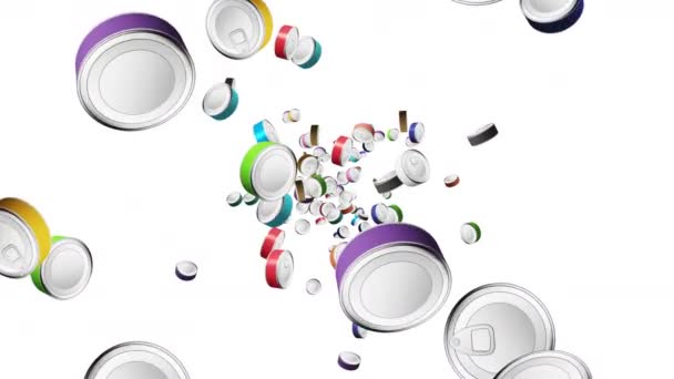 Many Colorful Food Cans Floating Air White Background Silver Can — Stock Video