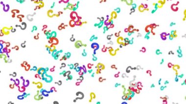 Beyaz arka planda havada yüzen bir sürü renkli soru işareti var. Simge illüstrasyonu düşünüyorum. Çocukluk eğitimi konsepti. 3B döngü canlandırması.