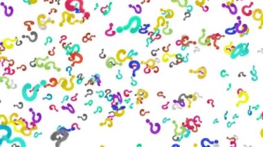 Beyaz arka planda havada yüzen bir sürü renkli soru işareti var. Simge illüstrasyonu düşünüyorum. Çocukluk eğitimi konsepti. 3B döngü canlandırması.