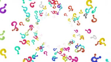 Beyaz arka planda havada yüzen bir sürü renkli soru işareti var. Simge illüstrasyonu düşünüyorum. Çocukluk eğitimi konsepti. 3B döngü canlandırması.