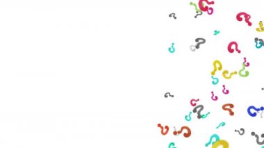 Beyaz arka planda havada yüzen bir sürü renkli soru işareti var. Simge illüstrasyonu düşünüyorum. Çocukluk eğitimi konsepti. 3B döngü canlandırması.