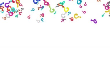 Beyaz arka planda havada yüzen bir sürü renkli soru işareti var. Simge illüstrasyonu düşünüyorum. Çocukluk eğitimi konsepti. 3B döngü canlandırması.