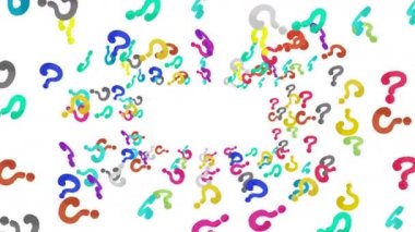 Beyaz arka planda havada yüzen bir sürü renkli soru işareti var. Simge illüstrasyonu düşünüyorum. Çocukluk eğitimi konsepti. 3B döngü canlandırması.