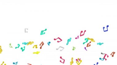 Beyaz arka planda havada yüzen bir sürü renkli müzik notası var. Müzik skoru illüstrasyonu. Eğitim konsepti. 3B döngü canlandırması.