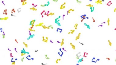 Beyaz arka planda havada yüzen bir sürü renkli müzik notası var. Müzik skoru illüstrasyonu. Eğitim konsepti. 3B döngü canlandırması.