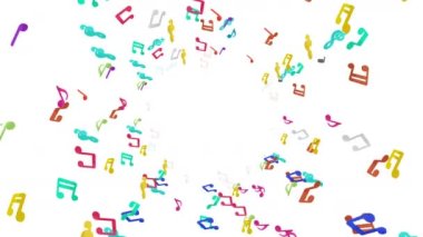 Beyaz arka planda havada yüzen bir sürü renkli müzik notası var. Müzik skoru illüstrasyonu. Eğitim konsepti. 3B döngü canlandırması.