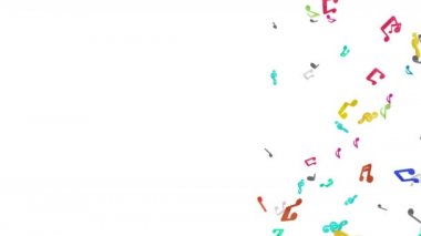 Beyaz arka planda havada yüzen bir sürü renkli müzik notası var. Müzik skoru illüstrasyonu. Eğitim konsepti. 3B döngü canlandırması.