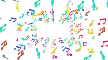 Beyaz arka planda havada yüzen bir sürü renkli müzik notası var. Müzik skoru illüstrasyonu. Eğitim konsepti. 3B döngü canlandırması.