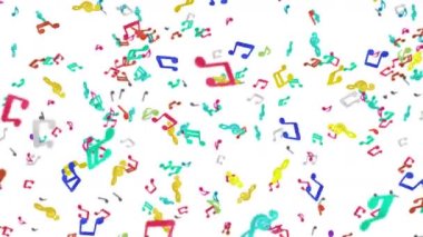 Beyaz arka planda havada yüzen bir sürü renkli müzik notası var. Müzik skoru illüstrasyonu. Eğitim konsepti. 3B döngü canlandırması.