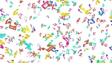 Beyaz arka planda havada yüzen bir sürü renkli müzik notası var. Müzik skoru illüstrasyonu. Eğitim konsepti. 3B döngü canlandırması.