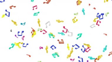 Beyaz arka planda havada yüzen bir sürü renkli müzik notası var. Müzik skoru illüstrasyonu. Eğitim konsepti. 3B döngü canlandırması.
