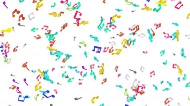 Beyaz arka planda havada yüzen bir sürü renkli müzik notası var. Müzik skoru illüstrasyonu. Eğitim konsepti. 3B döngü canlandırması.