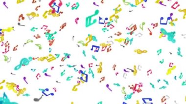Beyaz arka planda havada yüzen bir sürü renkli müzik notası var. Müzik skoru illüstrasyonu. Eğitim konsepti. 3B döngü canlandırması.