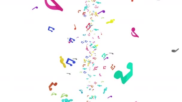 Многие Красочные Музыкальные Ноты Плавают Воздухе Белом Фоне Музыкальная Иллюстрация — стоковое видео