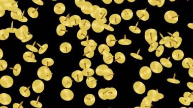 Siyah arka planda havada yüzen altın raptiye. Altın raptiyeler. İş aletleri. Sabit illüstrasyon. Döngü canlandırması.