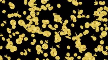 Siyah arka planda havada yüzen altın raptiye. Altın raptiyeler. İş aletleri. Sabit illüstrasyon. Döngü canlandırması.