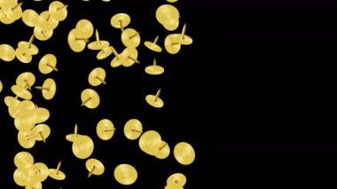 Siyah arka planda havada yüzen altın raptiye. Altın raptiyeler. İş aletleri. Sabit illüstrasyon. Döngü canlandırması.