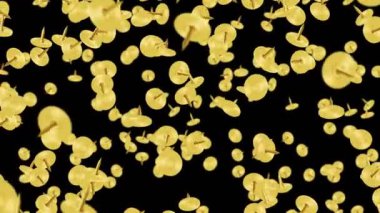 Siyah arka planda havada yüzen altın raptiye. Altın raptiyeler. İş aletleri. Sabit illüstrasyon. Döngü canlandırması.