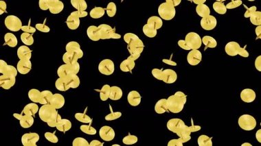 Siyah arka planda havada yüzen altın raptiye. Altın raptiyeler. İş aletleri. Sabit illüstrasyon. Döngü canlandırması.