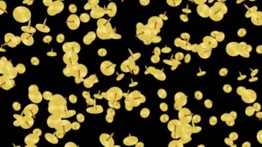 Siyah arka planda havada yüzen altın raptiye. Altın raptiyeler. İş aletleri. Sabit illüstrasyon. Döngü canlandırması.