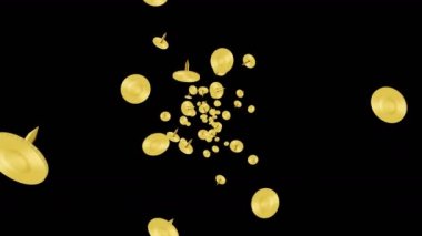 Siyah arka planda havada yüzen altın raptiye. Altın raptiyeler. İş aletleri. Sabit illüstrasyon. Döngü canlandırması.
