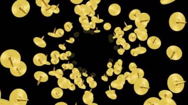 Siyah arka planda havada yüzen altın raptiye. Altın raptiyeler. İş aletleri. Sabit illüstrasyon. Döngü canlandırması.