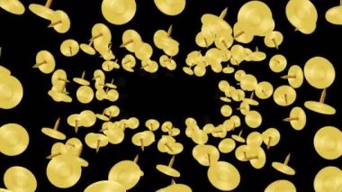 Siyah arka planda havada yüzen altın raptiye. Altın raptiyeler. İş aletleri. Sabit illüstrasyon. Döngü canlandırması.