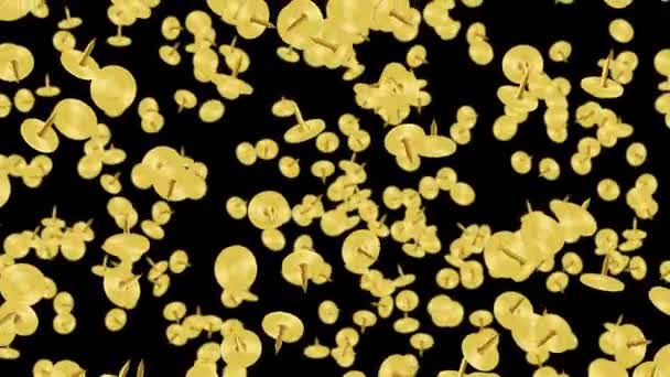 Golden Pushpin Floating Air Black Background Gold Thumbtacks Business Equipment — Stock Video