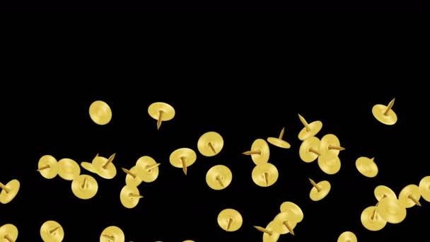 Golden Pushpin Floating Air Black Background Gold Thumbtacks Business Equipment — Stock Video