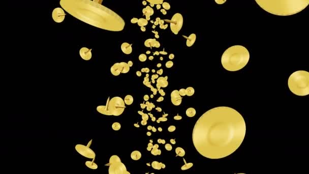 Golden Pushpin Floating Air Black Background Gold Thumbtacks Business Equipment — 图库视频影像