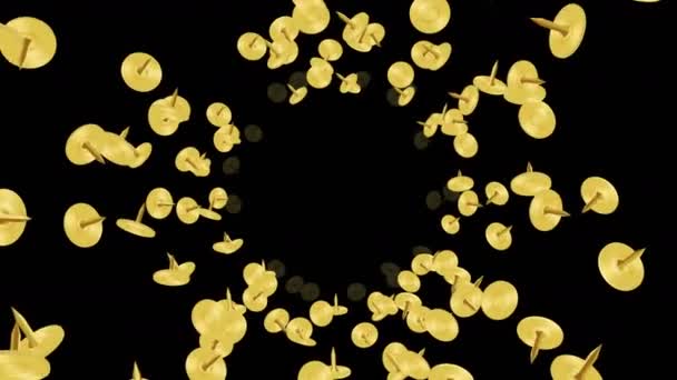 Gouden Duwpen Zwevend Lucht Zwarte Achtergrond Gouden Punaises Zakelijke Uitrusting — Stockvideo