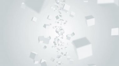 Birçok küp beyaz arka planda havada yüzüyor. İş konsepti. Dijital teknolojinin sembolü. 3B döngü canlandırması.