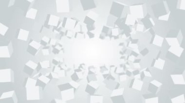 Birçok küp beyaz arka planda havada yüzüyor. İş konsepti. Dijital teknolojinin sembolü. 3B döngü canlandırması.