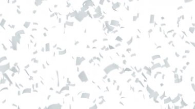 Beyaz arka planda havada yüzen bir sürü kağıt. İş ve eğitim kavramı. Beyaz konfeti. 3B döngü canlandırması.