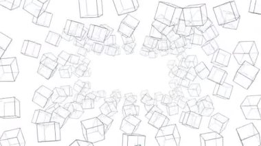 Birçok küp beyaz arka planda havada yüzüyor. İş konsepti. Dijital teknolojinin sembolü. 3B döngü canlandırması.