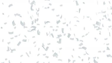 Beyaz arka planda havada yüzen bir sürü kağıt. İş ve eğitim kavramı. Beyaz konfeti. 3B döngü canlandırması.