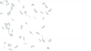 Beyaz arka planda havada yüzen bir sürü kağıt. İş ve eğitim kavramı. Beyaz konfeti. 3B döngü canlandırması.