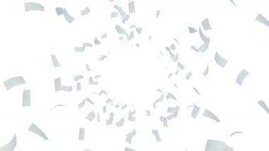 Beyaz arka planda havada yüzen bir sürü kağıt. İş ve eğitim kavramı. Beyaz konfeti. 3B döngü canlandırması.