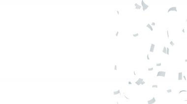 Beyaz arka planda havada yüzen bir sürü kağıt. İş ve eğitim kavramı. Beyaz konfeti. 3B döngü canlandırması.