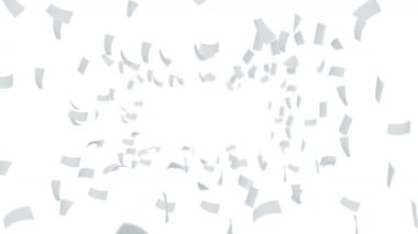 Beyaz arka planda havada yüzen bir sürü kağıt. İş ve eğitim kavramı. Beyaz konfeti. 3B döngü canlandırması.