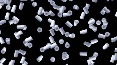 Birçok kutu siyah arka planda havada yüzüyor. Etiket içecek kutusu yok. Yiyecek ve içecek konsepti. 3B döngü canlandırması.