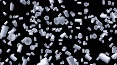 Birçok kutu siyah arka planda havada yüzüyor. Etiket içecek kutusu yok. Yiyecek ve içecek konsepti. 3B döngü canlandırması.