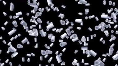 Birçok kutu siyah arka planda havada yüzüyor. Etiket içecek kutusu yok. Yiyecek ve içecek konsepti. 3B döngü canlandırması.