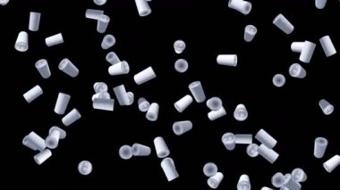 Birçok kutu siyah arka planda havada yüzüyor. Etiket içecek kutusu yok. Yiyecek ve içecek konsepti. 3B döngü canlandırması.