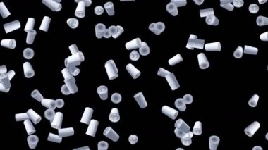 Birçok kutu siyah arka planda havada yüzüyor. Etiket içecek kutusu yok. Yiyecek ve içecek konsepti. 3B döngü canlandırması.