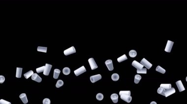 Birçok kutu siyah arka planda havada yüzüyor. Etiket içecek kutusu yok. Yiyecek ve içecek konsepti. 3B döngü canlandırması.