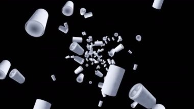 Birçok kutu siyah arka planda havada yüzüyor. Etiket içecek kutusu yok. Yiyecek ve içecek konsepti. 3B döngü canlandırması.