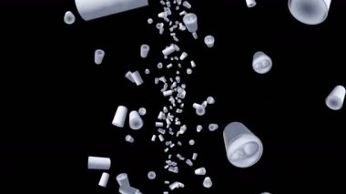 Birçok kutu siyah arka planda havada yüzüyor. Etiket içecek kutusu yok. Yiyecek ve içecek konsepti. 3B döngü canlandırması.