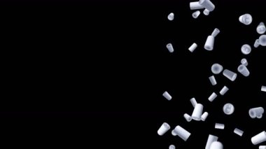 Birçok kutu siyah arka planda havada yüzüyor. Etiket içecek kutusu yok. Yiyecek ve içecek konsepti. 3B döngü canlandırması.