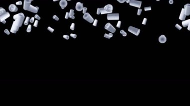 Birçok kutu siyah arka planda havada yüzüyor. Etiket içecek kutusu yok. Yiyecek ve içecek konsepti. 3B döngü canlandırması.